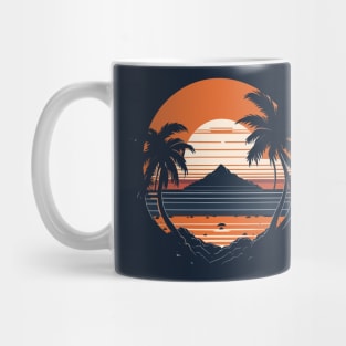 Retro Vintage sunset beach mountain ocean and palm Mug